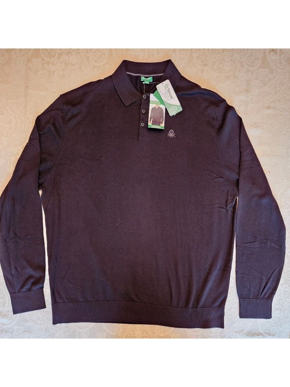 Size XXL United Colors of Benetton Long Sleeve Knit Polo Men's Black Sweater NWT